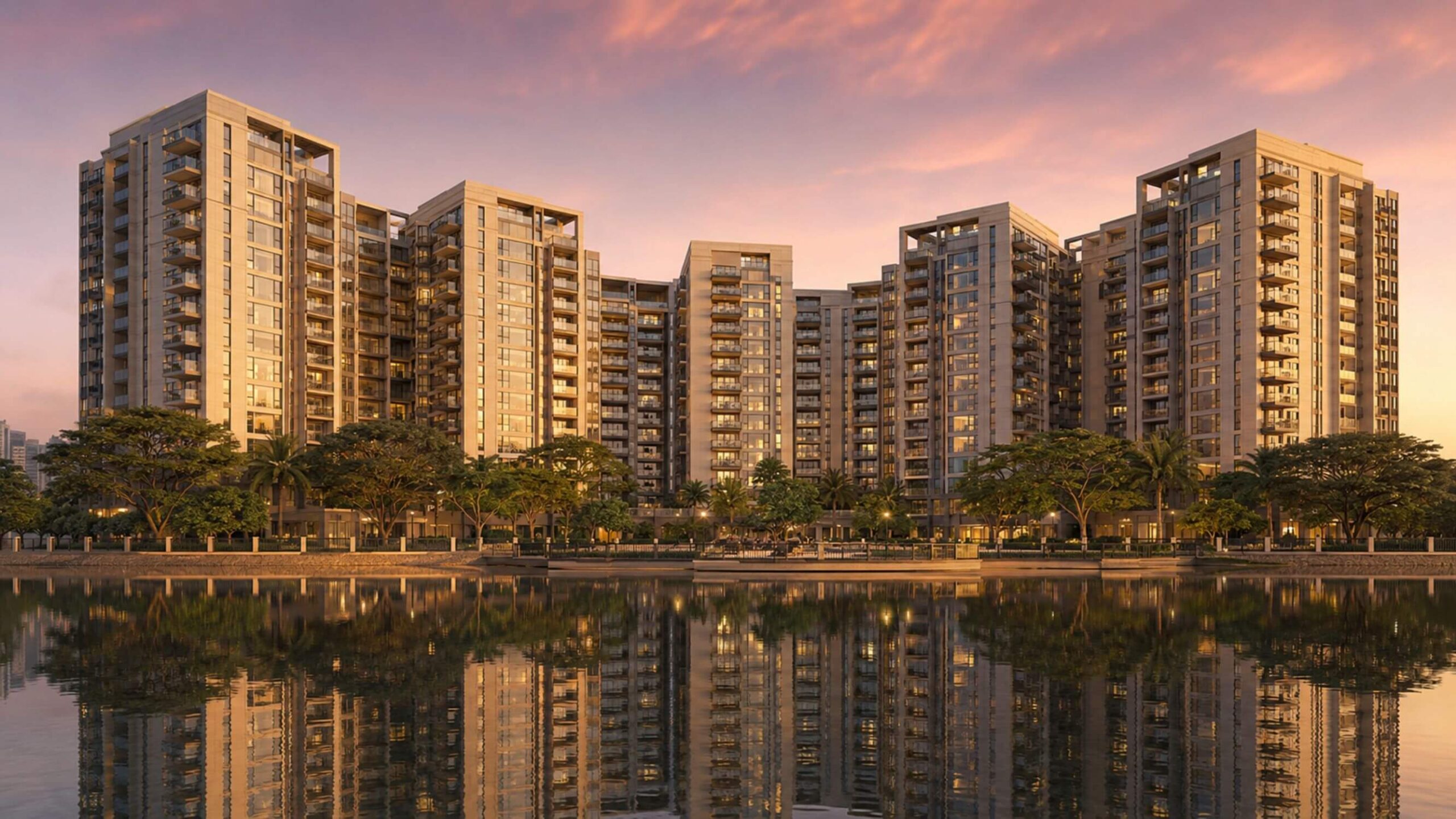 Aerial view of Prestige Rosewood — six residential towers near Varthur Lake at golden hour.