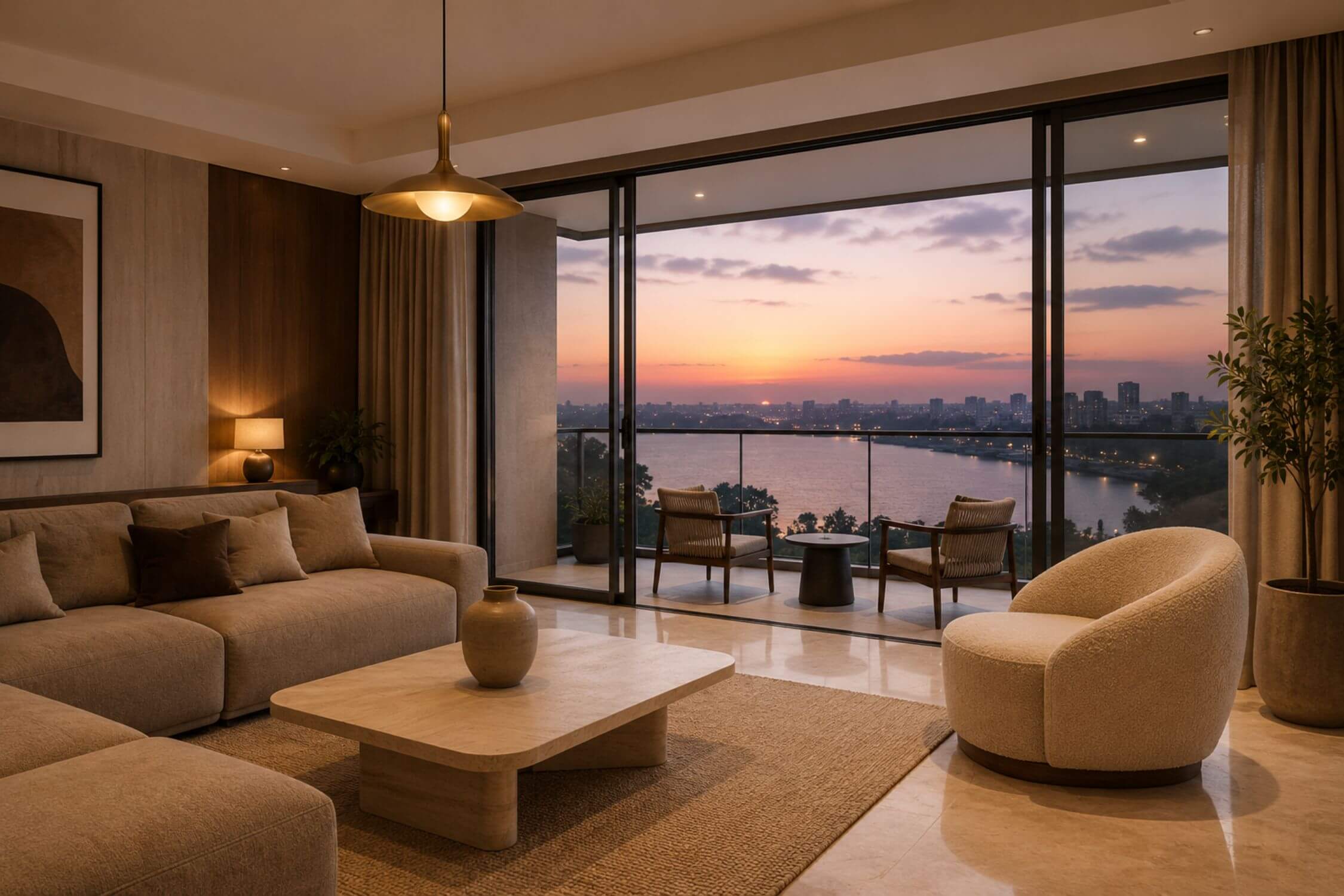 Prestige Rosewood 3 BHK living room with floor-to-ceiling glass and a Varthur Lake view