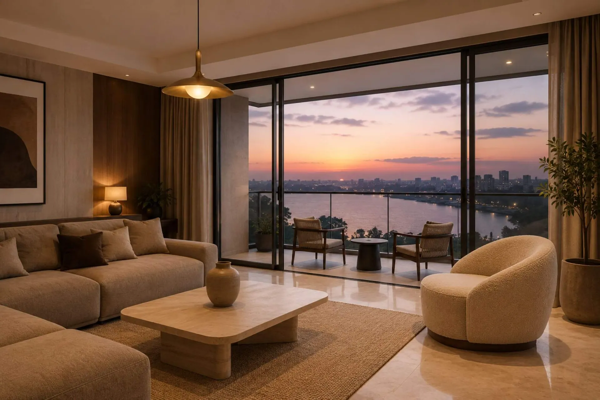 Prestige Rosewood 3 BHK living room with floor-to-ceiling glass and a Varthur Lake view