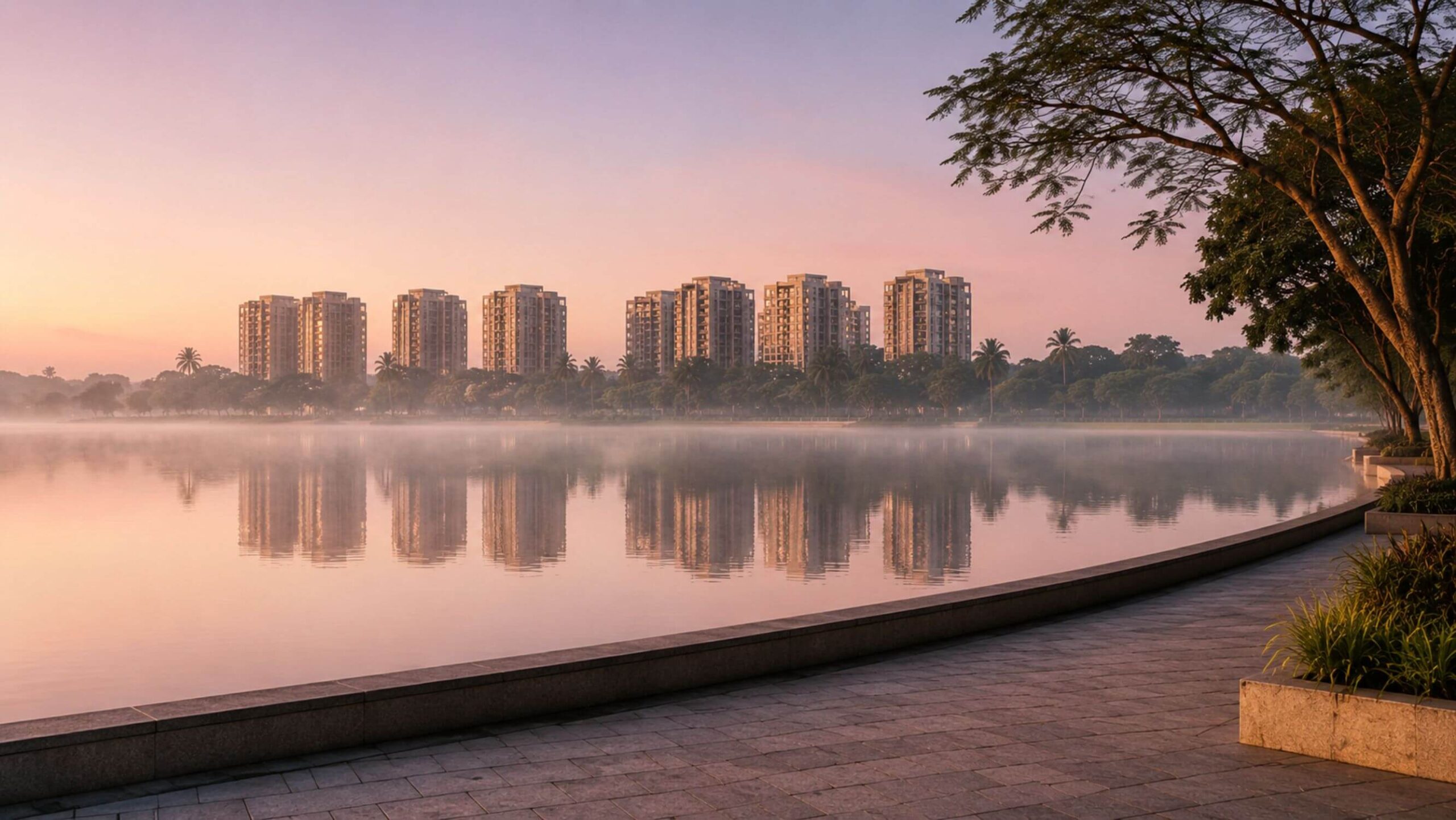 Varthur Lake at dawn — calm water with mist rising, Prestige Rosewood towers in the distance.