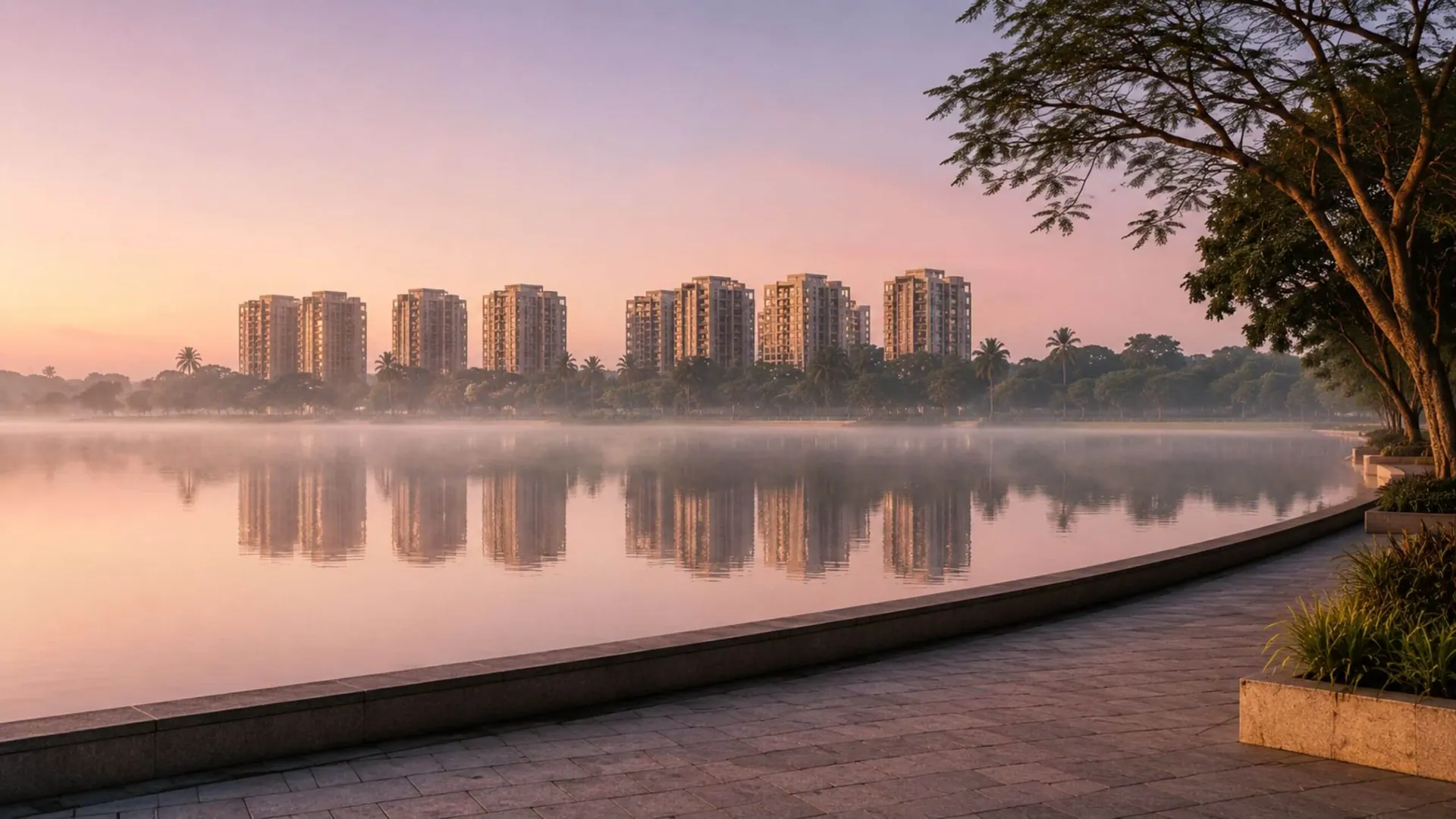 Varthur Lake at dawn — calm water with mist rising, Prestige Rosewood towers in the distance.