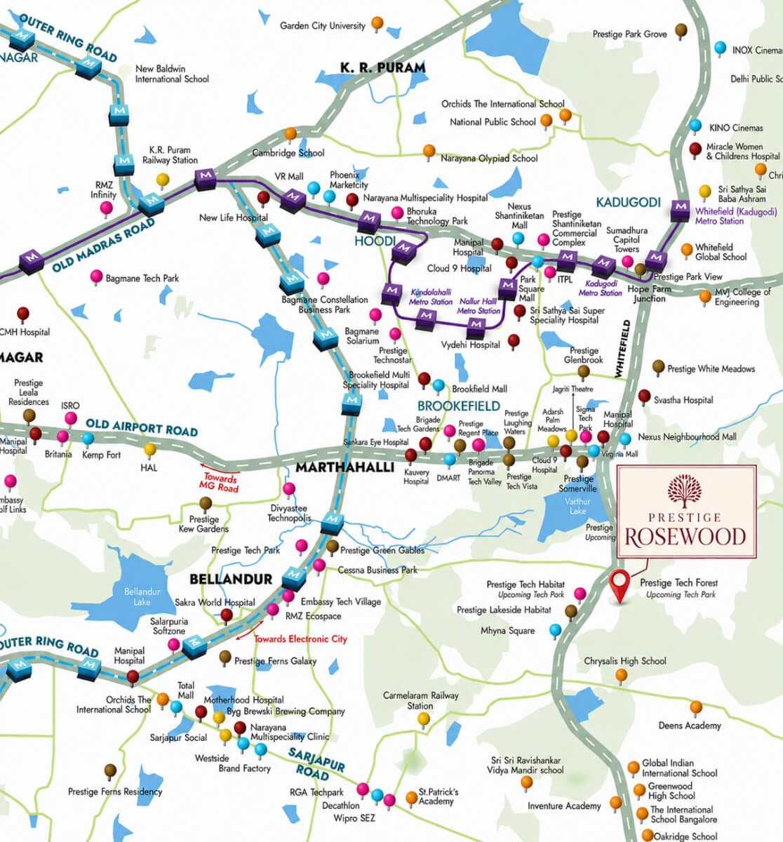 Prestige Rosewood location map — opposite Varthur Lake, Whitefield-Varthur, showing ITPL, Whitefield & Hope Farm Metro, the ORR and the airport route